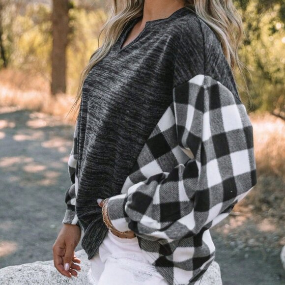 Black and White Casual Womens Buffalo Plaid Print Drop Shoulder Sweatshirt - Picture 3 of 4